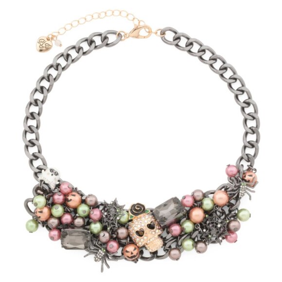 Betsey Johnson Jewelry - NWT Betsey Johnson Whimsigoth Sugar Skull Gray Pearl Statement Necklace